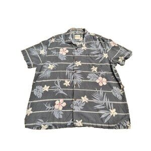 Tommy Bahama Gray Hibiscus Plumeria Pink White Striped Silk Hawaiian Shirt XXL.